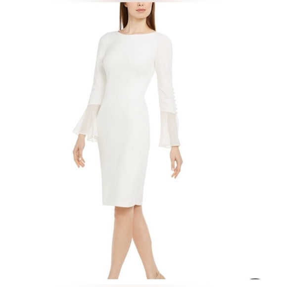 NWT Calvin Klein Chiffon Bell Sheath‎ White Dress - Size 14